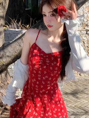 Lunivop French Two Piece Set Floral Printed Red Strap Camisole Dresses Summer Sweet Girl Waist Slimming Irregular Slit A-line New