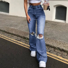 Lunivop Women's Spring and Fall New Fashion Casual Ripped High-waisted Slightly Flared Pants Jeans Slim-fit Wash Jeans Long Pants Y2k