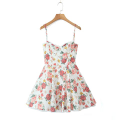 Lunivop Sexy White with Flower Print Cotton Corset Style Sling Mini Dress Women Lace V Low Chest with wire Ball Gown Swing Party Robe