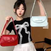 Lunivop Harajuku Blue Shoulder Bags Purse Women Hot Girls Bow Chic Leather Underarm Bag Ladies Vintage Square Messenger Bag Y2k