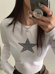 Lunivop Rhinestones Y2K High Street Harajuku Star Girl Fashion Goth Long Sleeves Crop Top Short Sexy Top 2000s Korean Popular Clothes