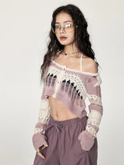Lunivop Streetwear Hollow Out Cardigan Women Vintage Y2K Sexy Cropped Knitted Sweaters Fall Long Sleeve Loose Halter Striped Tops