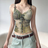 Lunivop Vintage y2k Crop Top Mesh Drawstring Bandage V Neck Sleeveless Camisole 2000s Harajuku Summer Tees Retro Ladies Clothing