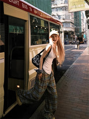 Lunivop American Style Dopaamine Checkered Wide Leg Pants Women Summer Vintage Loose Casual Drapey Long Trousers Fashionable Loose Fit