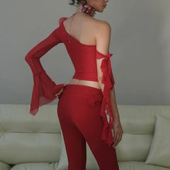 Lunivop Flare Sleeve Chic Elegant 3D Floral One Shoulder Lace-up Crop Top Y2K Solid Casual Slim Fit Party Streetwear Tank Top