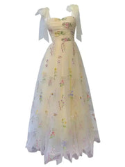 Lunivop Embroidered Mesh Strapless Dresses For Women Slash Collar High Waist Thin Elegant Dress Female Spring 2025 New