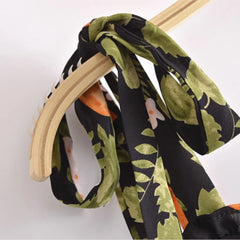 Lunivop Retro French Black with Green Leaves Floral Print Mini Dress Sexy Women Wood ear Ruffles Hem Tide Bow Strap Sling Holiday Robe