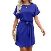 Lunivop Women's Short Sleeve Dress - Round Neck Self-Tie Belt Loose-Fit Casual Mini Dress