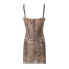 Lunivop Sexy Leopard Print Mesh Sling Dress Women Spliced Flower Lace Skinny Slim Package Hips Backless Mini Robe Femme Vestidos