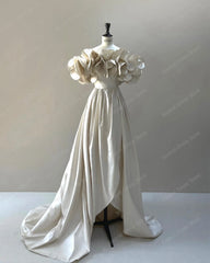 Lunivop Simple Beige Satin Strapless Wedding Dress Hi Low Sweep Train Banquet Dress Women Hand Made Floral Appliques Slit Bridal Dresses