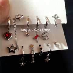 Lunivop 6PCS Kpop Goth Red Zircon Crystal Star Corss Moon Heart Dangle Earrings Set For Women Trend Men Punk Cool Aesthetic Y2K Jewelry