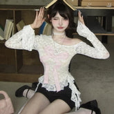 Lunivop High Street Hollow Sheer Sexy Long-sleeved T-shirt Women Autumn New Skew Collar Strapless Contrast Color Patchwork Tops