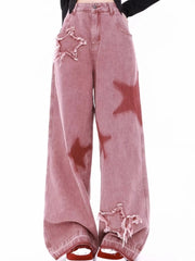 Lunivop American Retro Pink Star Cargo Jeans Women Y2K Streetwear Harajuku Straight Leg Jeans Loose Slim Wide Leg Casual Denim Pants New