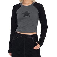 Lunivop Rhinestones Y2K High Street Harajuku Star Girl Fashion Goth Long Sleeves Crop Top Short Sexy Top 2000s Korean Popular Clothes