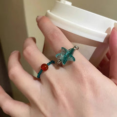 Lunivop Punk Goth Blue Jelly Shell Resin Star Rings Geometric Metal Beads Elastic Finger Rings Ocean Holiday Jewelry Accessories