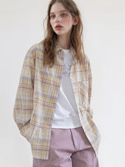 Lunivop Sweet Yellow Plaid Shirt Women Casual Vintage Long Sleeve Pocket Blouse American Fall Preppy Style Female Retro Loose Tops New