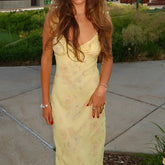 Lunivop Retro V Neck Dresses Yellow Sleeveless Flower Print Maxi Long Dress Elegant High Waist Female Holiday Party Vestidos