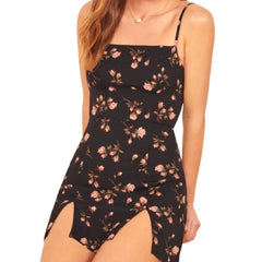 Lunivop Retro French style Black Rose Floral Print Hem Double Slit Mini Sling Dress Sexy Women Holiday Robe Vestidos