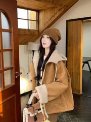 Lunivop Y2K Streetwear Faux Lamb Suede Jacket Women Vintage Winter Long Sleeve Hooded Coat American Retro Loose Lady Pockets Warm Tops
