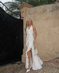 Lunivop White Halter Backless Banquet Party Dresses Long Slit Ruffles Chiffon Bridal Dress Floor Length Summer Vocation Maxi Dress Women