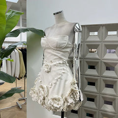 Lunivop Fashion Women Dress White Strapless 3D Flowers Above Knee Female Summer Birthday Party Dresses New Tide