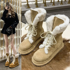 Lunivop New Thicken Plush Snow Boots Women Winter Faux Fur Mid-calf Boots Woman Lace-up Snow Boots Ladies Flat Warm Cotton Shoes