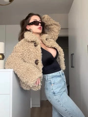 Lunivop Retro Lapel Lamb Wool Short Coats Women Casual Loose Metal Single Breasted Jackets Female Autumn Winter Chic High Street Tops