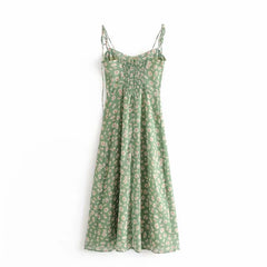 Lunivop French Summer Green Flower Print Bandage Spaghetti Strap Slit Long Dress Retro Sexy Women Lacing Up Sling Dresses Vestido
