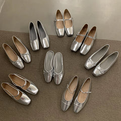 Lunivop New Women's Flat Square Toe Mary Janes Shoes Sliver Leather Shoes for Female Fashion Bowknot Ladies Shallow Dress Ballet Shoes