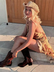 Lunivop Summer Printed Lace-Up Mini Dress For Women Slim Backless V-Neck Contrast Sexy Beach Holiday Bandage Dress Female Clothes