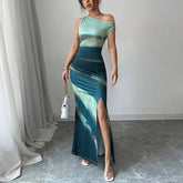 Lunivop Women's Summer New European and American Contrasting Slim Dress with Off-shoulder Long Skirt