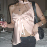 Lunivop Kawaii Bandage Lace Pink Camisole Women Sexy Sweet Patchwork Satin Crop Tops with Slit Summer y2k Vintage Tank Tops Cute