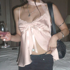 Lunivop Kawaii Bandage Lace Pink Camisole Women Sexy Sweet Patchwork Satin Crop Tops with Slit Summer y2k Vintage Tank Tops Cute