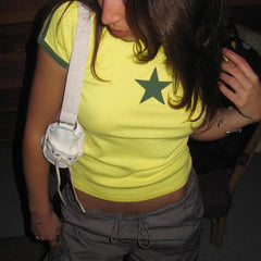 Lunivop Spicy Girl Y2k Crop Top Gothic Star Print Contrast Crop Top Vintage Slim Fit Tee Cyber T-shirt Streetwear Open Navel Casual Top