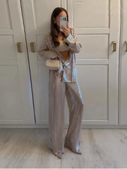 Lunivop Women Champagne Gold Sequin Shirt & Pants Set Side Slit Blouse Wide-Leg Trousers Spring Party Outfit Fashion Glam Lady Suit