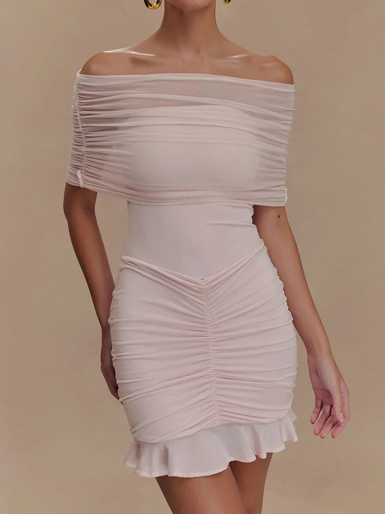 Lunivop Sexy Off Shoulder Mesh Ruched Women Dress Yellow See Through Mini Dress Female Spring Skinny Elegant Party Clubwear