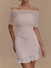 Lunivop Sexy Off Shoulder Mesh Ruched Women Dress Yellow See Through Mini Dress Female Spring Skinny Elegant Party Clubwear