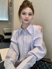 Lunivop Hollow Out Striped Shirt Women Casual Korean Loose Long Sleeve Blouse Vintage Female Sexy Off Shoulder Elegant Tops Spring