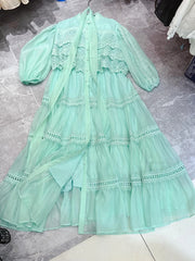 Lunivop Soliod Lace Splice Dresses Women's Round Neck Half Sleeve Single Breasted High Waist Elegant Dress Summer 2025 New