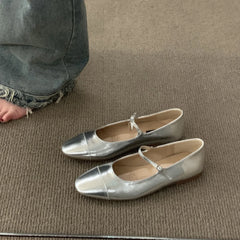 Lunivop New Women's Flat Square Toe Mary Janes Shoes Sliver Leather Shoes for Female Fashion Bowknot Ladies Shallow Dress Ballet Shoes