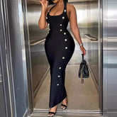 Lunivop Womens Dresses Summer Fashion Halter Sleeveless Buttoned Casual Plain Maxi Bodycon Evening Dress