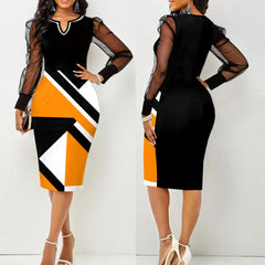 Lunivop Plus Size Fashionable V-Neck Printed Mesh Paneling Long Sleeve Bodycon Dress Women's Cross-Border Spring Autumn Slim Fit Skir...