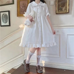 Lunivop Japanese Lolita White Dress Summer Puff Sleeve Ruffles Dress Preppy Style Kawaii Sweet Fairy Peter Pan Collar Women Midi Dresses