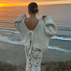 Lunivop Autumn New Arrival Women's Sweater Loose Fitting Full Sleeve Solid Color Back Lace-up Backless Fashion Casual Daily Jumpers