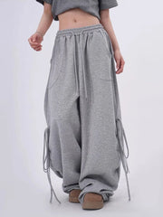 Lunivop Streetwear Gray Sweatpants Women Low Waist Loose Harajuku Pockets Pants American Casual Hip Hop Lace Up Oversize Bf Trousers New