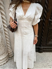 Lunivop White Backless Summer Dress For Women Short Sleeve Slim V-Neck High Waist Elegant Commute Dress Female Bandage Long Dress