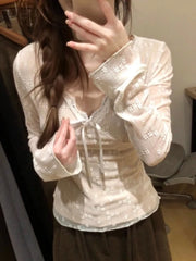 Lunivop Autumn Lace Jacquard Fairy Grunge T-shirt Women Y2k Aesthetic Flare Sleeve Tshirts Harajuku Vintage Sexy Slim Fit Bow Tops