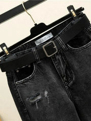 Lunivop High Waist Loose Fit Denim Jeans Women's Student Dad Style Harajuku Jeans Tear Hole Straight Leg Ankle-Length Autumn Jeans