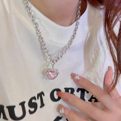 Lunivop Pink Crystal Egirl Sweet Cool Clavicle Chain Necklace Y2K Accessories Fashion Peach Heart Water Drop Pendant Aesthetic Jewelry