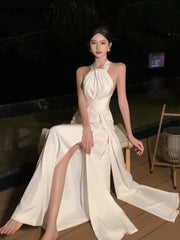 Lunivop Elegant Sexy Backless Solid Long Dresses EveningBirthday Party Halter Designer White Dress Summer Women Fashion Wedding Vestidos